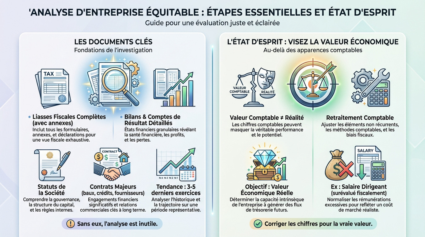 Schéma illustrant les étapes clés et l'état d'esprit nécessaire pour une analyse d'entreprise équitable avant rachat