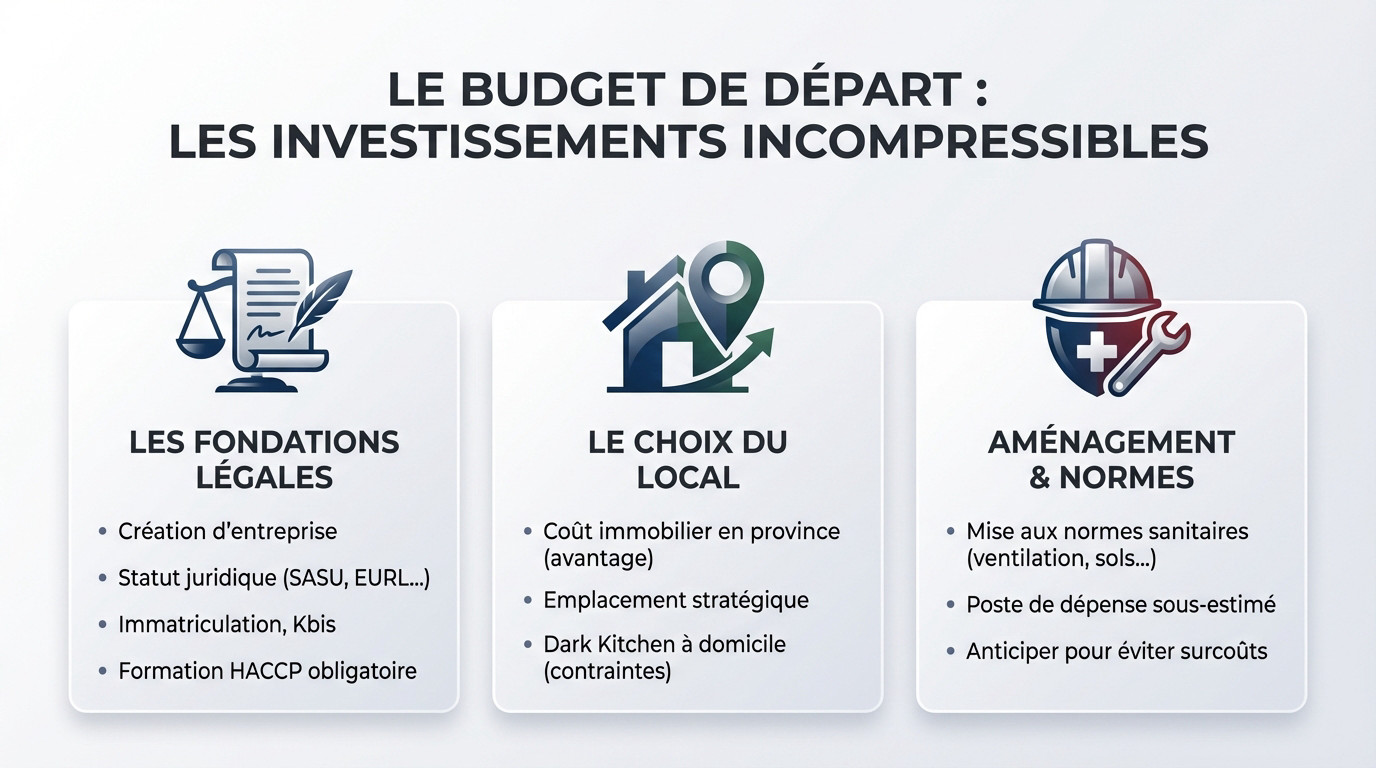 Plan de travail en inox et équipements professionnels dans une dark kitchen en cours d'aménagement