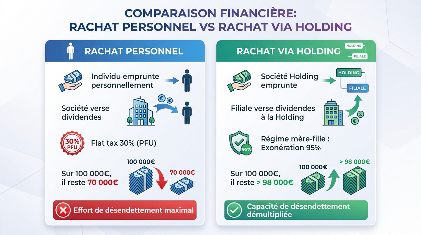Graphique comparatif des flux financiers entre un rachat de société en nom propre et via une holding