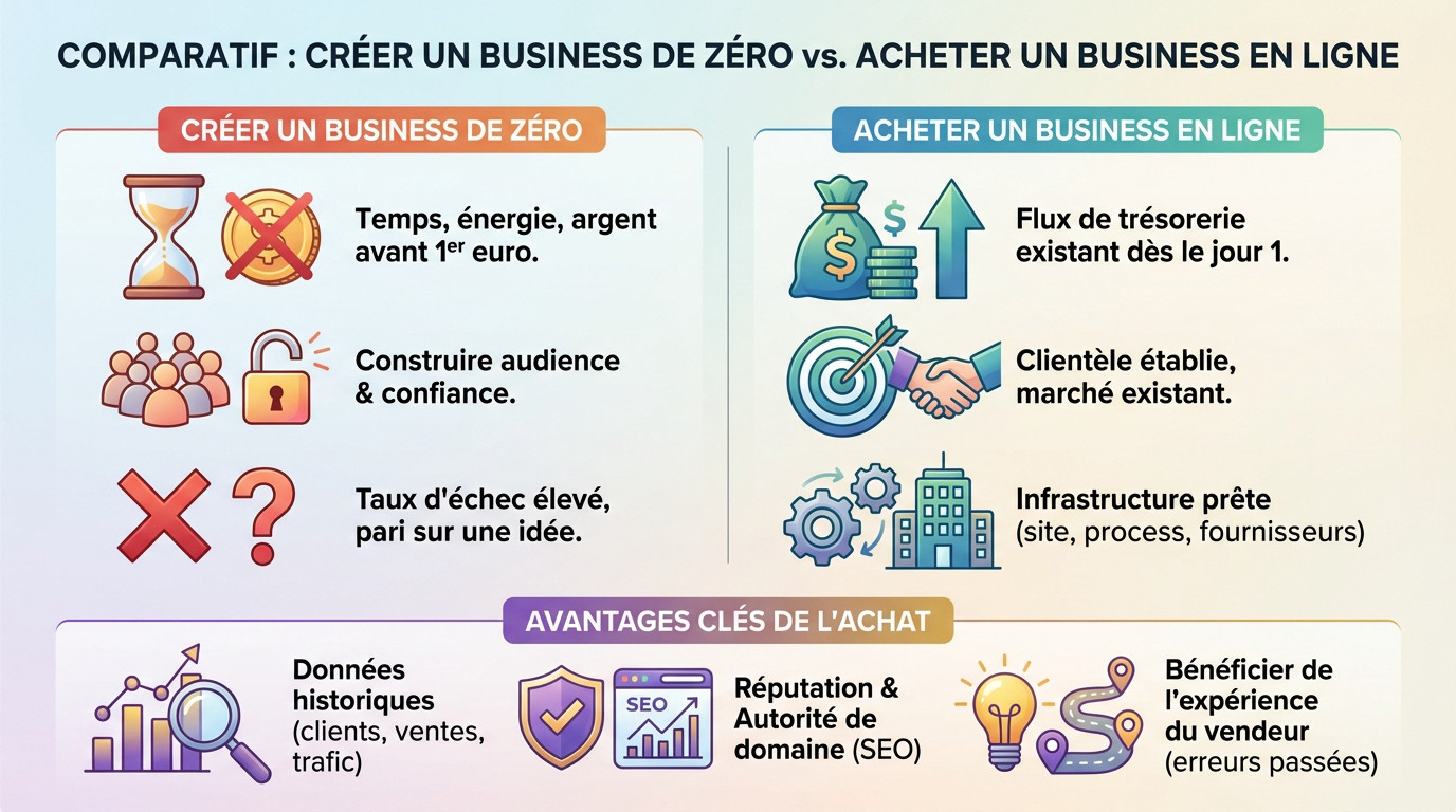 Comparatif visuel entre la création risquée et l'achat sécurisé d'un business en ligne