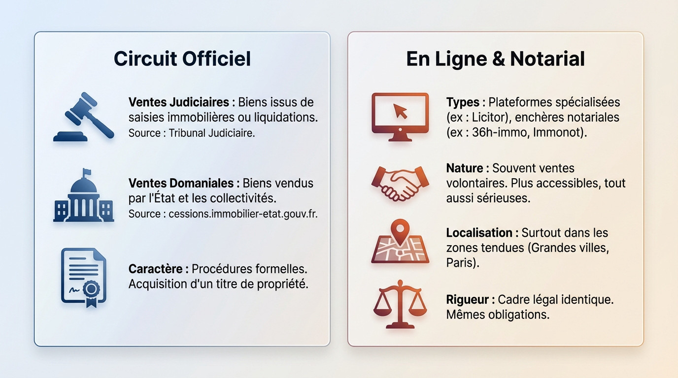 Tableau comparatif des avantages et inconvénients des ventes immobilières officielles par rapport aux enchères en ligne