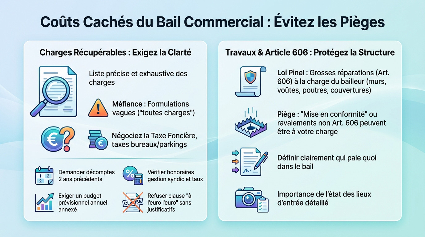Illustration des coûts cachés et pièges financiers dans un bail commercial pour le locataire