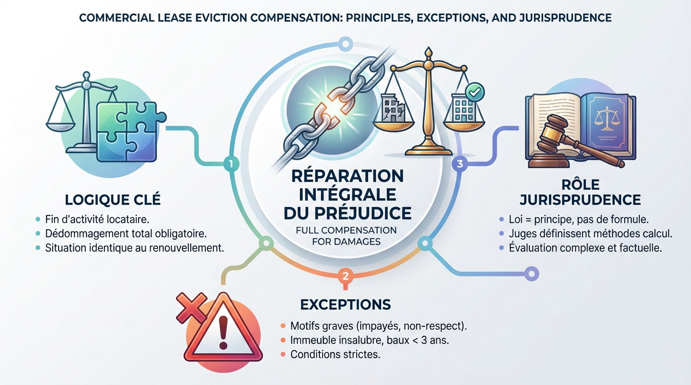 Schéma expliquant les principes de réparation du préjudice pour l'indemnité d'éviction commerciale