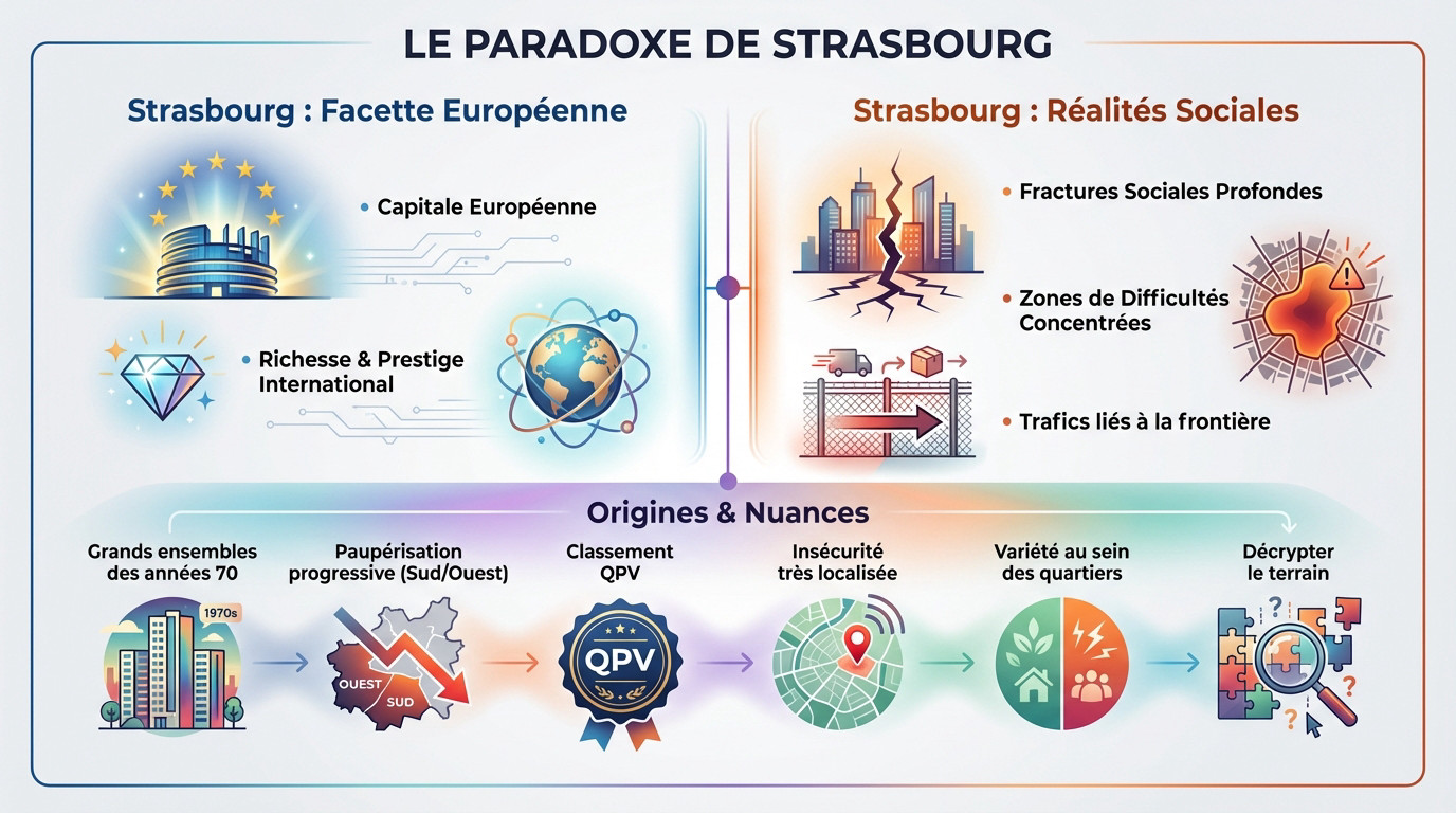 Contraste urbain à Strasbourg entre institutions européennes modernes et quartiers résidentiels périphériques