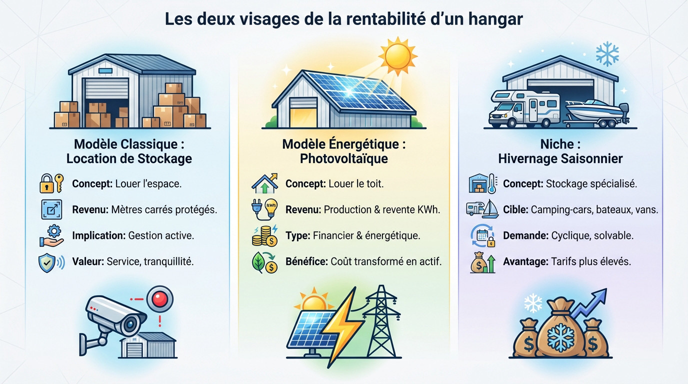 Schéma comparatif des trois modèles de rentabilité pour un hangar : location classique, photovoltaïque et hivernage