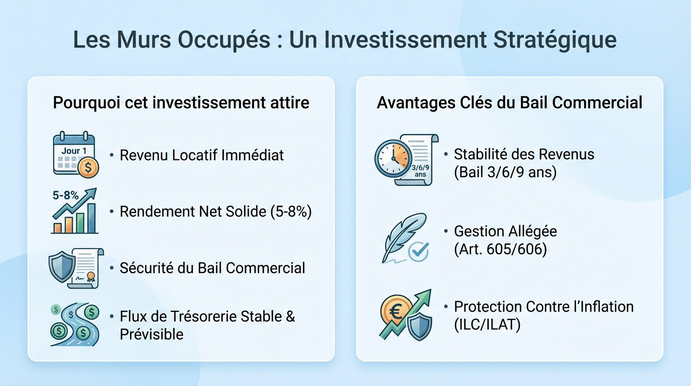 Investisseur analysant la rentabilité d'un achat de murs commerciaux occupés
