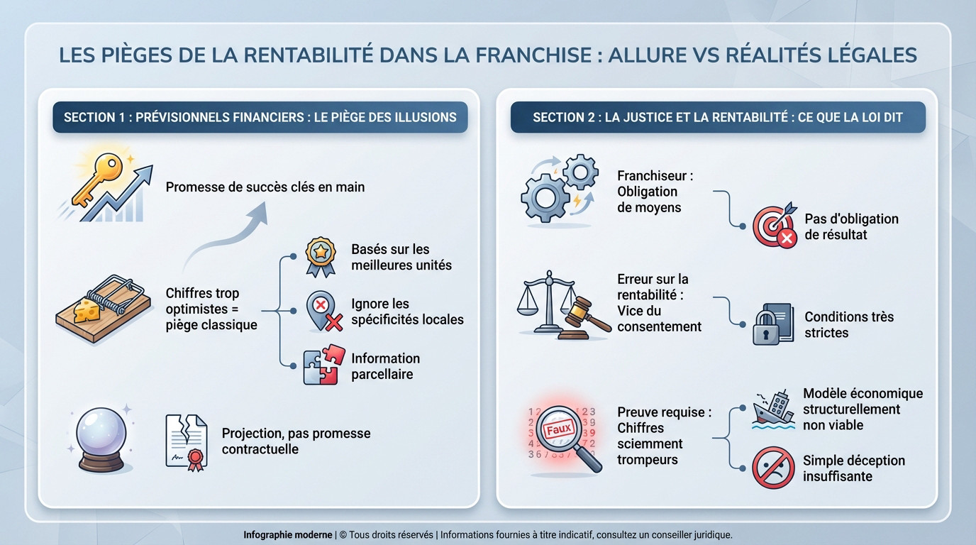 Graphique illustrant l'écart entre la rentabilité promise par le franchiseur et la réalité financière légale