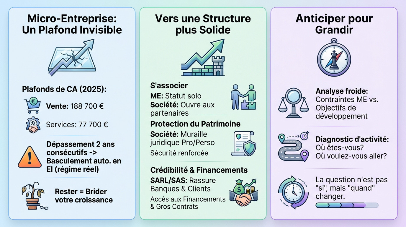 Schéma stratégique illustrant le passage nécessaire de la micro-entreprise vers la société suite au dépassement des seuils